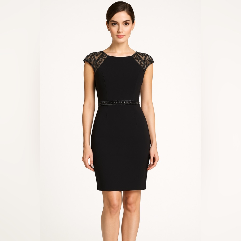 Clarisse Black Lace Cap Sleeve Midi Dress
